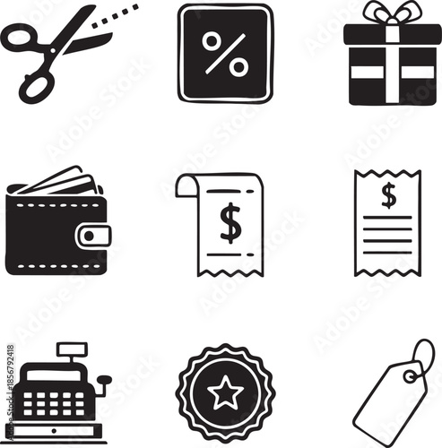 scissors, percentage sign, gift box, wallet, receipt, dollar sign, cash register, badge, price tag.eps