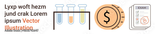 Education, financial planning, research, scientific testing, academic assessment, study preparation. Test tubes, coin symbol with dollar sign exam checklist. Research and financial planning concept