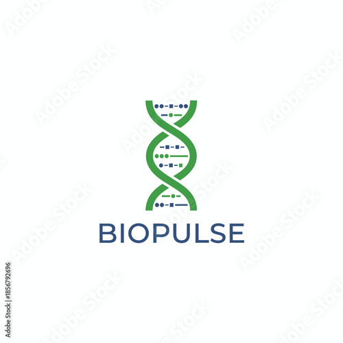 A clean biotechnology logo featuring a green double helix DNA structure with blue data points, representing genetic research and medical innovation