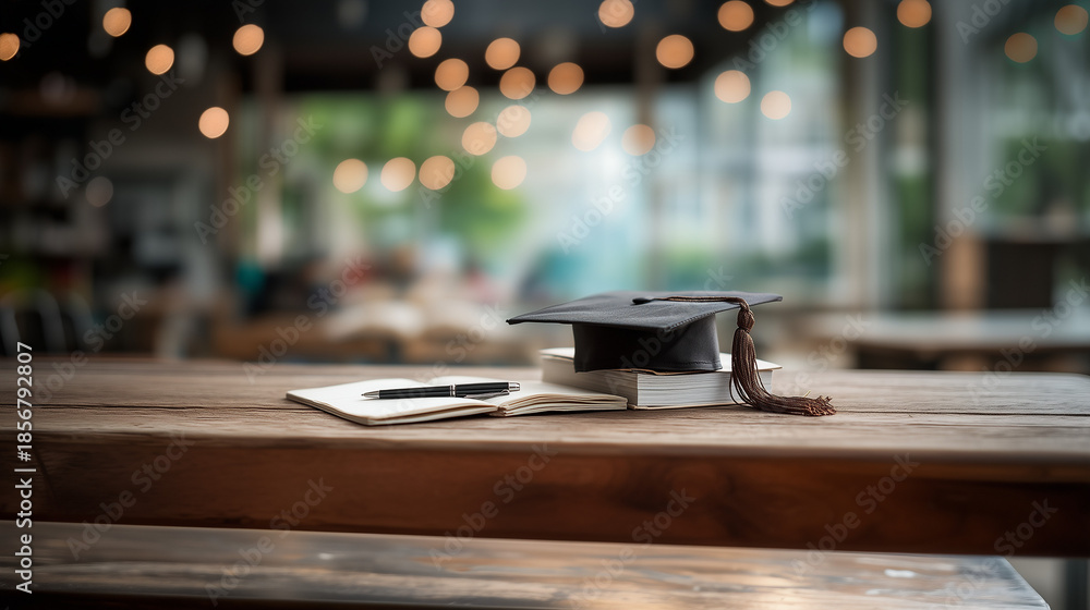 Obraz premium Graduation cap resting on a wooden desk in a cozy study environment, education concept