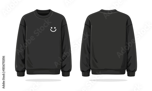 Modern black crewneck sweatshirt front mockup back clothing vector illustration template, easily editable.