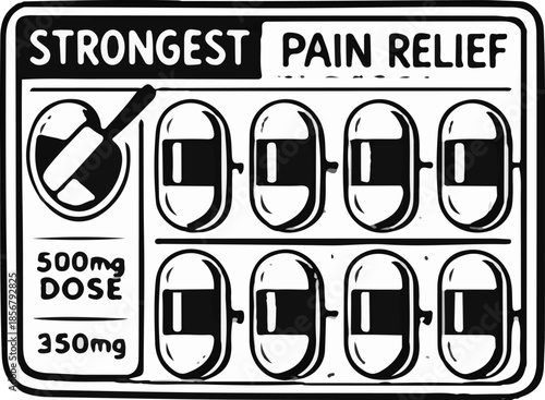 Black Line Art of Strongest Pain Relief 500mg Blister Pack Pills