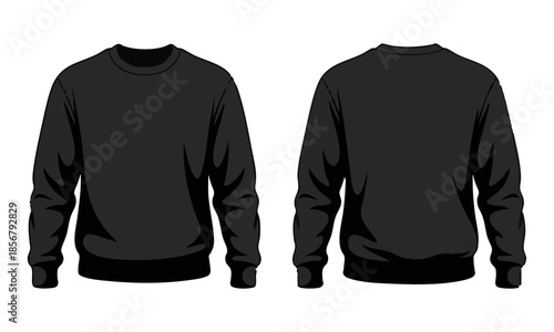 Black crewneck sweatshirt apparel mockup front and back flat vector illustration template, easily editable.