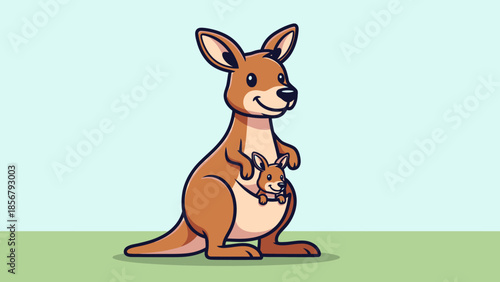 Happy Mother Kangaroo with Baby Joey in Pouch on Grassy Ground with Blue Sky Background, Loving and Caring Moment