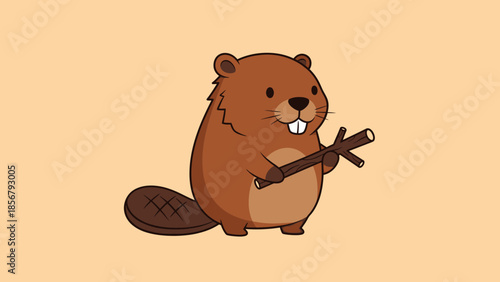 Cute Beaver Character Holding Wooden Sticks in Bright Studio
