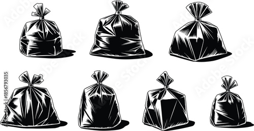 Black trash bag silhouettes collection showing tied garbage bags, plastic waste packaging isolated on white background, vector illustration, design, set