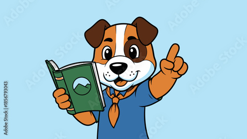 Cute Dog Character Reading Book and Pointing Upwards in School Tie on Bright Blue Background