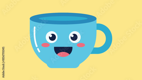 Cute Happy Blue Teacup Character Smiling on Bright Yellow Background