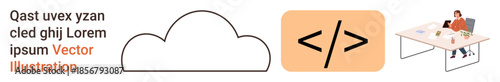 Cloud computing, coding, remote work, technology, programming, digital workspace. Cloud outline, coding symbol and person working at a desk. Cloud computing and coding concepts