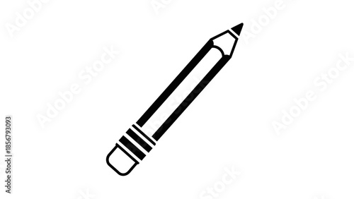 Black Outline Pencil Icon with Eraser on Isolated White Background