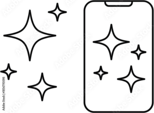 Smartphone cleaning and shine icon with sparkle symbols, mobile device maintenance and screen hygiene concept for modern technology vector illustration