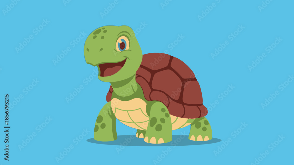 Fototapeta premium Happy Cartoon Turtle Standing and Smiling Peacefully on Isolated Light Blue Background