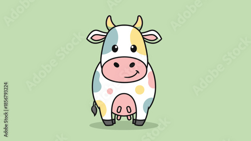 Happy Cartoon Cow Standing and Smiling Friendlily on Isolated Light Green Background