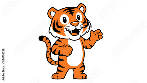 Cute cartoon tiger character happily smiling and waving hand, presenting a friendly and playful demeanor in a bright studio.