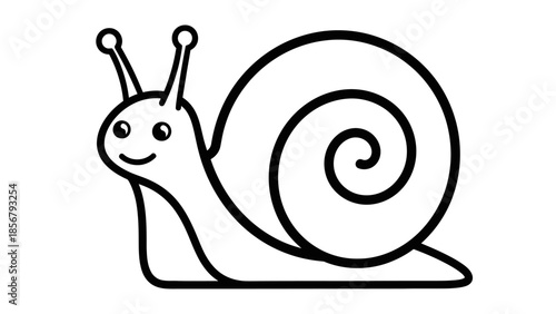 Cute outline drawing of a smiling snail, moving slowly and calmly on an isolated white background.