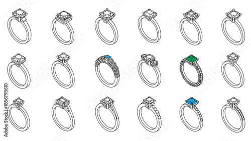 Selection of engagement rings with diamonds and other gemstones for proposals