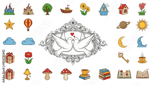 Collection of Whimsical Hand-Drawn Icons: A Tapestry of Dreams and Fantasies