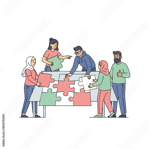 A diverse group of people solving a puzzle together at a table