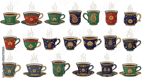 Intricate Patterned Tea Cups with Steaming Hot Tea: A Cultural Tea Party Design