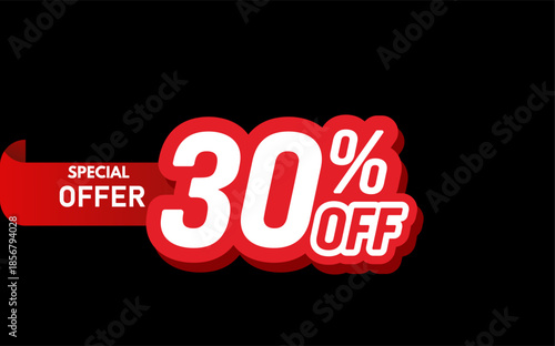 A modern vector illustration of a promotional banner featuring bold red and white “30% OFF” text with a “Special Offer” ribbon on a black background, designed to grab attention for sales and discount 
