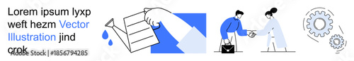 Business negotiation, communication, teamwork, legal agreements, document handling, operational processes. Includes people shaking hands and a hand holding a paper. Business negotiation and teamwork