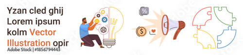 Innovation, marketing, financial growth, teamwork, problem-solving, creative ideas. A person fixing a light bulb, megaphone with icons puzzle sections. Innovation and marketing concepts