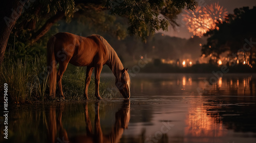 Serene Horse by the Lake: A majestic horse drinks peacefully from a calm lake under the night sky. In the background, fireworks erupt, illuminating the scene and adding to the magical ambiance. 