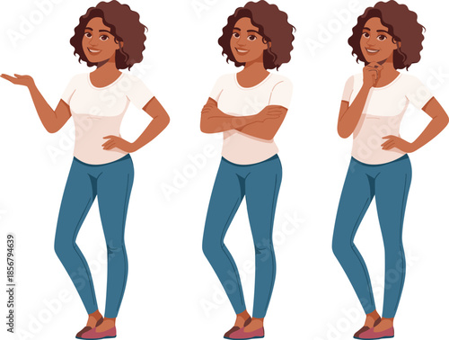 Confident black woman character set with different poses and gestures, casual female cartoon vector illustration for lifestyle design