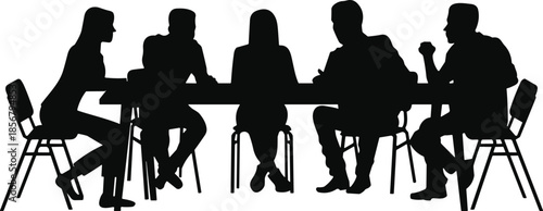 Business meeting silhouette, diverse team discussion, corporate collaboration, strategy planning, professional teamwork, conference table, leadership concept, office communication