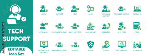 Tech support and help desk icon set. Features agent, chatbot, troubleshooting, and firewall symbols. Ideal for customer service apps, call centers, and IT maintenance.