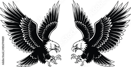 Flying eagle illustration set featuring symmetrical spread wings and fierce bird of prey design for logos and emblems