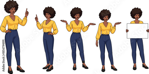 Confident black woman character set with multiple poses and hand gestures, modern female cartoon vector illustration for presentation design