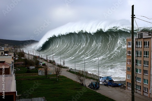 Giant tsunami wave flooding coastal residential building with submerged vehicles debris and green grass for climate change disaster news