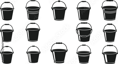 Set of black and white bucket icons with various handle shapes, body styles, decorative elements, ideal for comparison and design use
