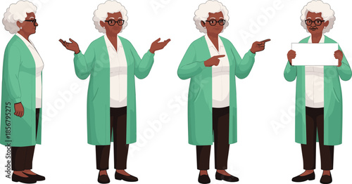 Elderly black woman character set with multiple poses and gestures, senior female cartoon vector illustration for presentation design projects branding