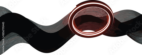 Abstract flowing wave ribbon illustration with circular ring element in modern black brown gradient vector design