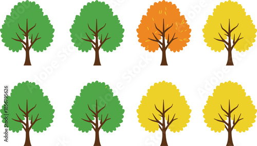 Seasonal tree vector set showing green, yellow and autumn foliage variations for nature, landscape and environment designs