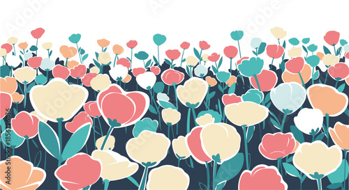 Breathtaking illustration of a vibrant flower field with tulips in shades of pink yellow and teal on a dark navy blue ground.