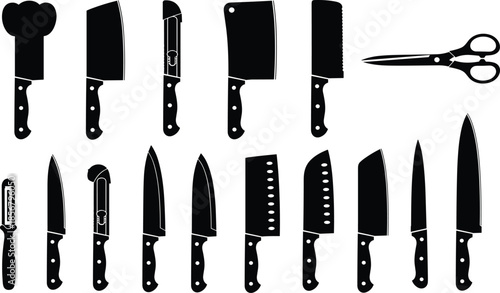 Kitchen knives and culinary tools silhouette set for cooking, food preparation, chef equipment, kitchenware, cutlery, utensils, and kitchen organization