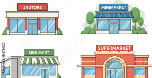 Store and supermarket building vector set featuring minimarket, mini mart and 24 hour shop exterior designs