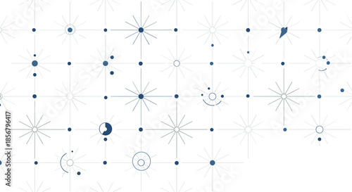 Geometric blueprint style pattern features thin blue lines, stars, and circular elements on a white background for technical and modern design.