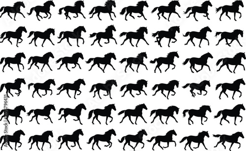 Horse gallop motion silhouettes sequence, equine biomechanics animation frames, black horse running cycle, animal movement study vector illustration set