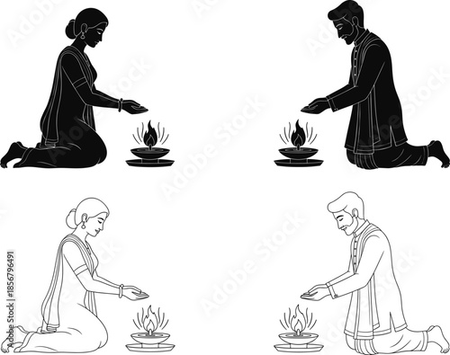 Indian couple performing traditional fire ritual in kneeling prayer pose, cultural worship illustration showing man and woman offering devotion during sacred ceremony vector art