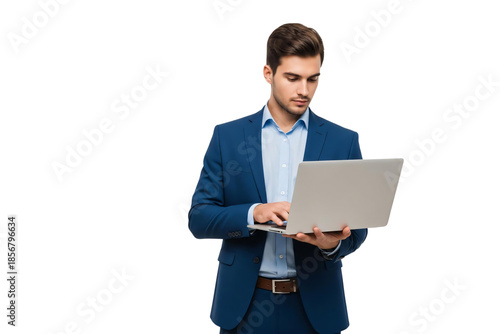 Businessman using laptop isolated on transparent background