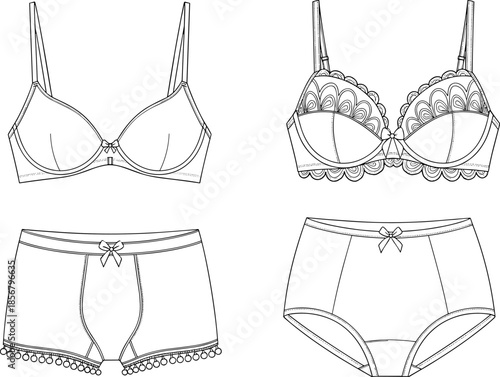 Lingerie Technical Flat Sketches, Bras and Panties Set Vector Illustration, Push-Up Bra, Lace Trim Bra, Boy Shorts with Pom-Pom Detail, High-Waist Briefs, Front View.