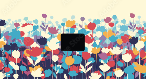 Lush field of colorful spring flowers in various shades of red, blue, and yellow with a black rectangular frame for custom text or brand logos.
