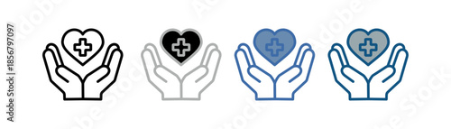 
Health care icon set multiple style collection with two hands, heart and plus sign design