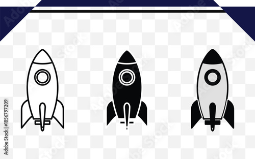 Three space rockets isolated on transparent background