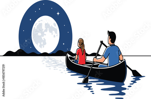 Couple canoeing at night, full moon reflection on water, romantic adventure, peaceful lake, outdoor travel, starlit sky, summer vacation trip