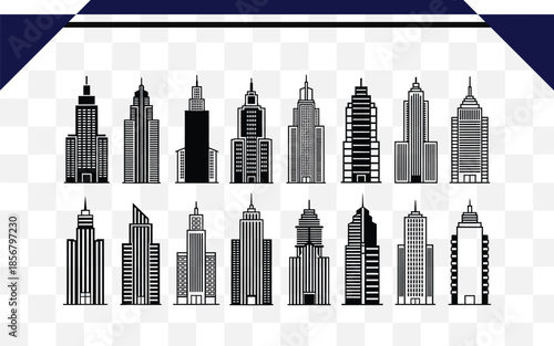 City skyline with various skyscrapers isolated on transparent background